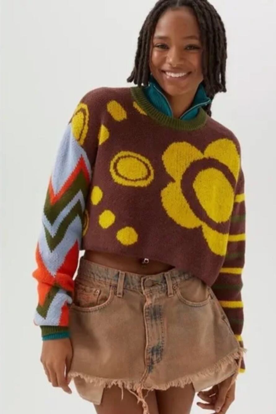 BDG Urban Outfitters Cropped Graphic Sweater Womens Small Retro Pattern Knit